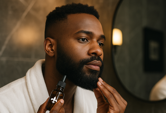 Bel homme barbu d'origine africaine qui applique de l'huile à barbe naturelle Opulence