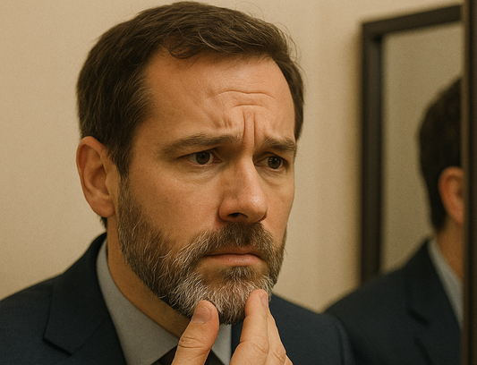 Homme élégant qui se rend compte que sa barbe devient blanche.
