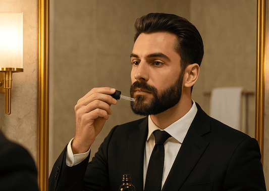 Homme élégant qui applique de l'huile à barbe.