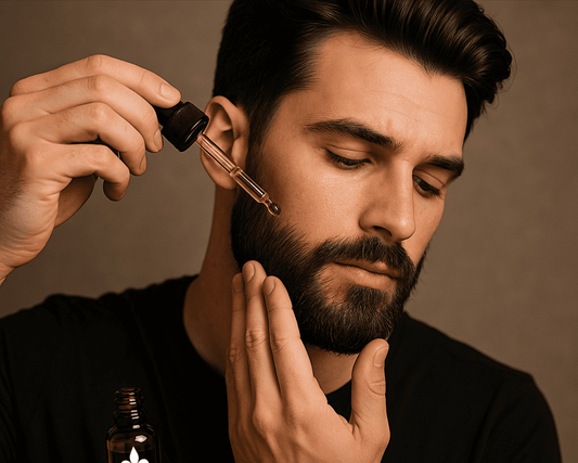 Image représentant un bel homme barbu appliquant de l'huile à barbe Opulence sur sa barbe.