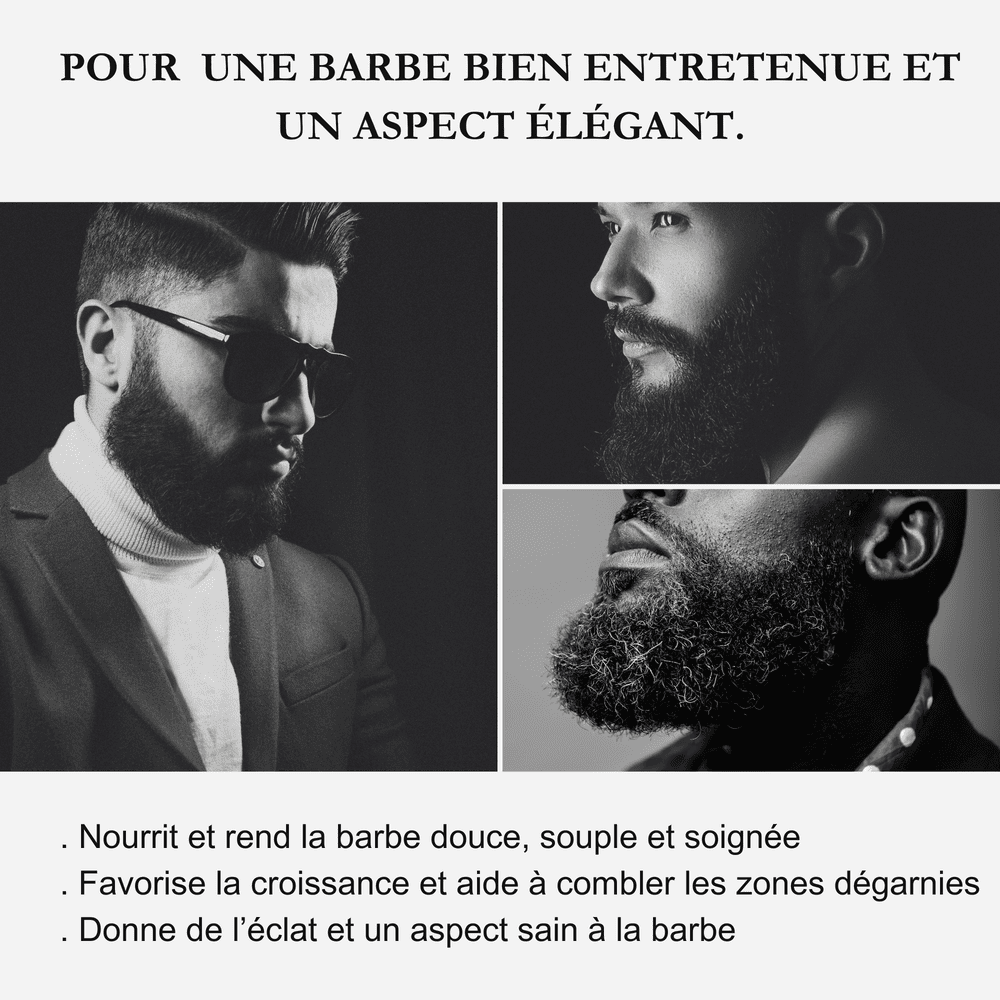 Image avec les bienfaits de l'huile à barbe Opulence. Illustration avec trois types de barbe élégantes.