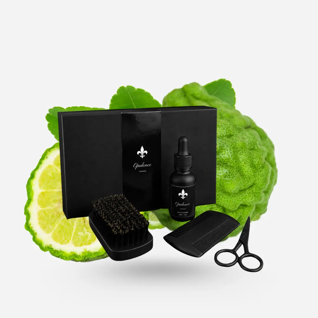 Coffret cadeau homme pour entretien de la barbe, huile à barbe parfum Bergamote 30ml.