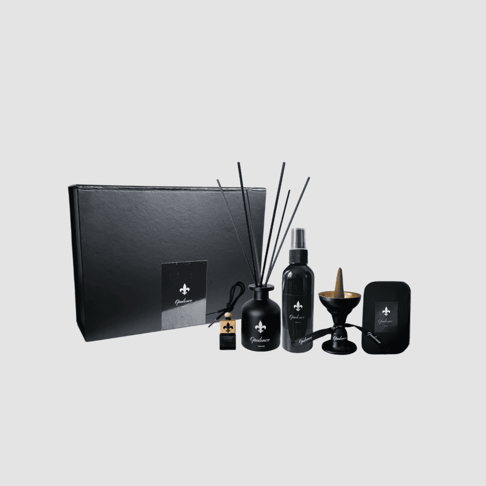Coffret cadeau mixte Opulence avec diffuseur maison, parfum d’ambiance, brûleur à encens, cônes, et diffuseur voiture. Cadeau homme et cadeau femme