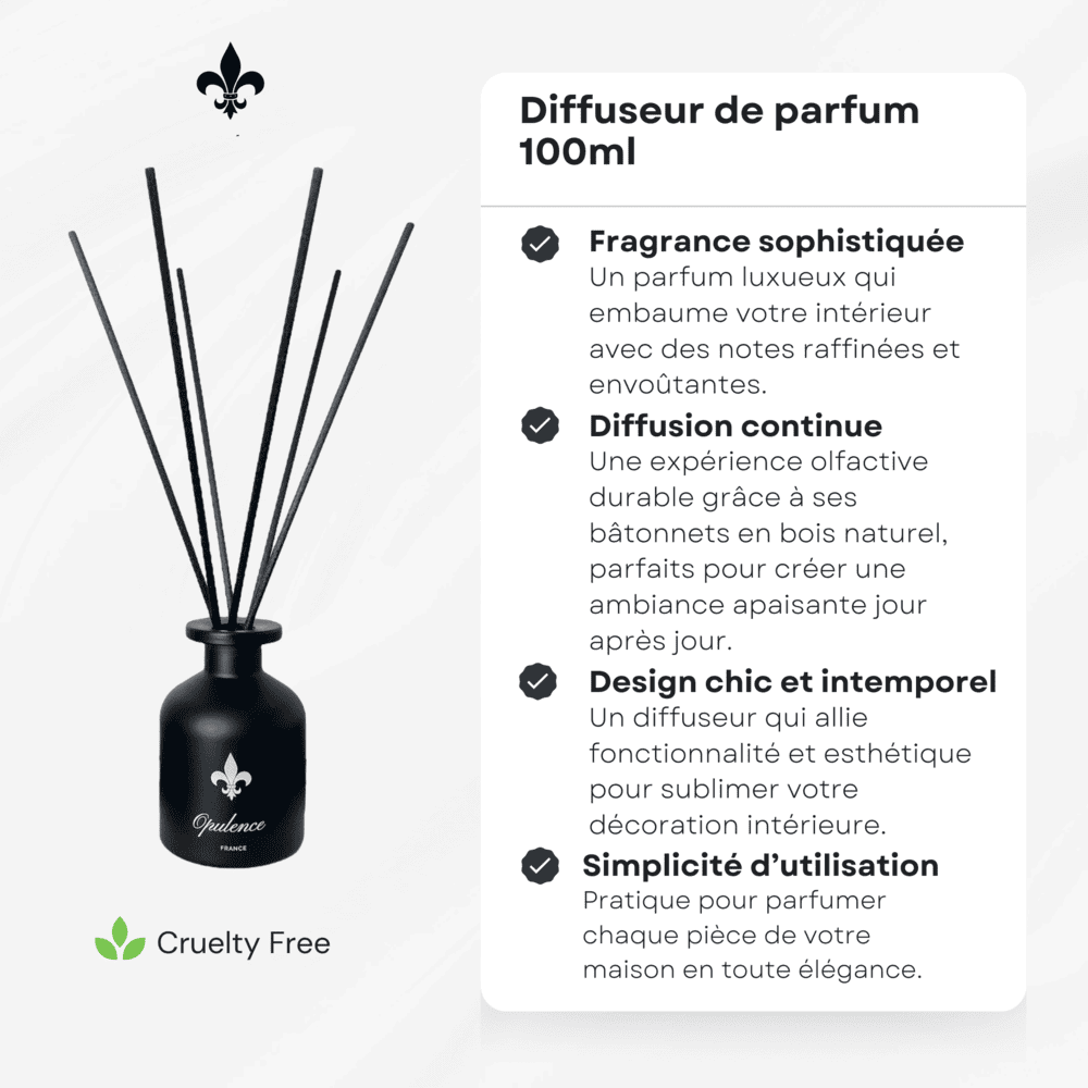 Avantages du diffuseur de parfum à bâtonnets 100ml Opulence.