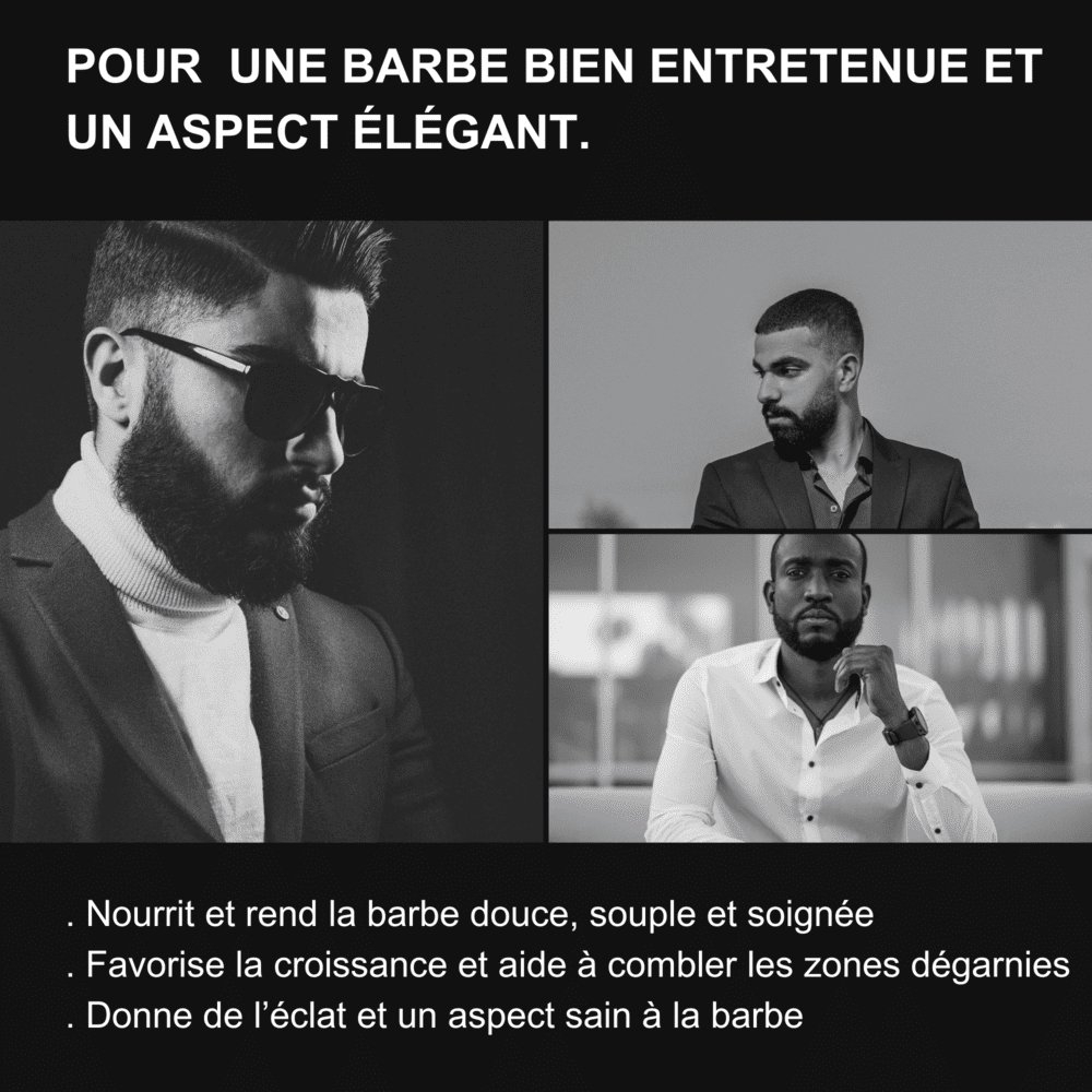Image avec les bienfaits de l'huile à barbe Opulence. Illustration avec trois types de barbe élégantes.