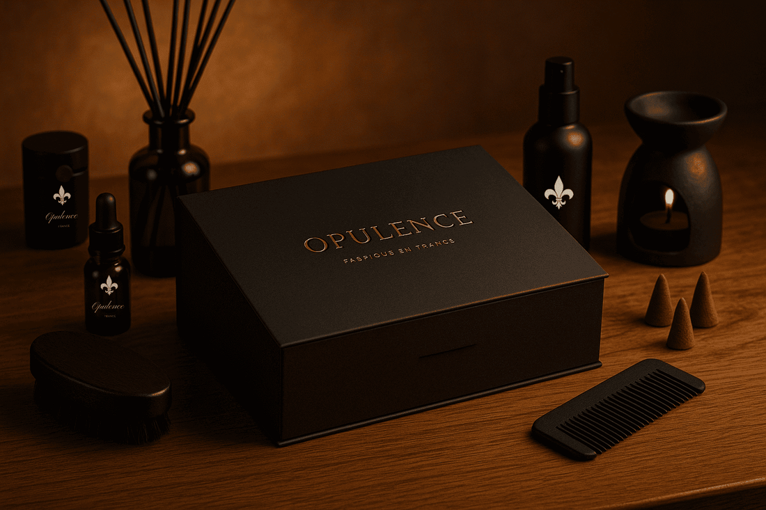 Coffret cadeau homme Opulence sur une table dans une ambiance chaleureuse.