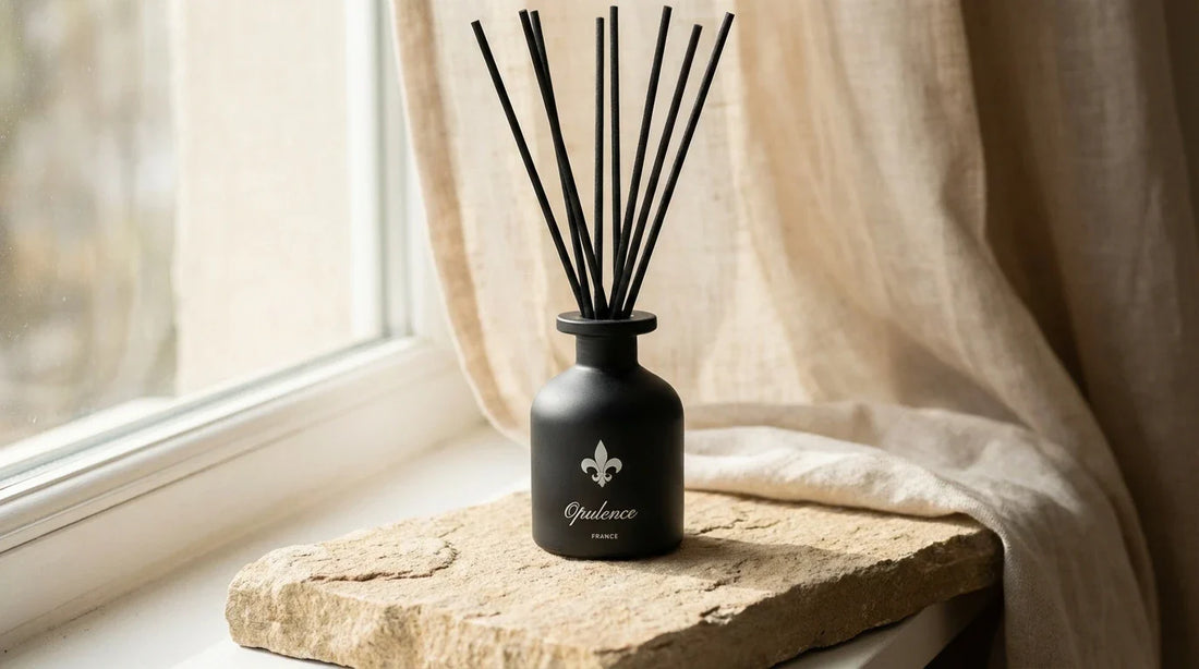 Diffuseur parfum maison luxe à bâtonnets Opulence posé à côté d'une fenêtre.