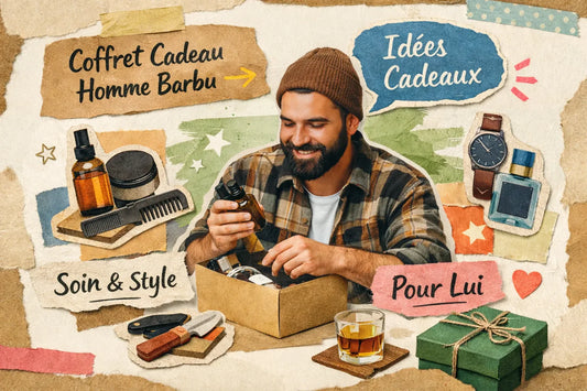 Homme barbu qui ouvre un coffret cadeau avec des soins pour la barbe.