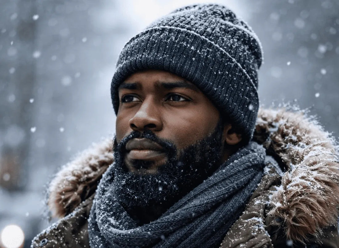 Homme élégant et barbu dans le froid de l'hiver qui porte de l'huile à barbe.