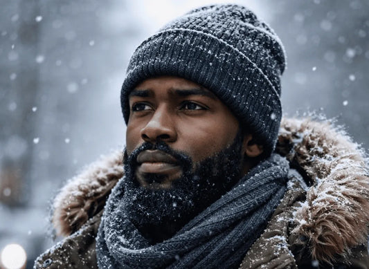 Homme élégant et barbu dans le froid de l'hiver qui porte de l'huile à barbe.