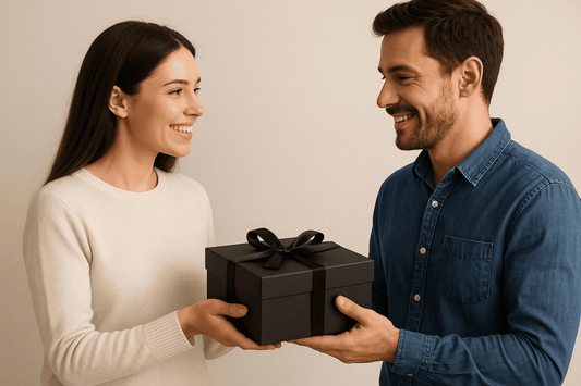 Une femme offre un coffret cadeau élégant à son homme.