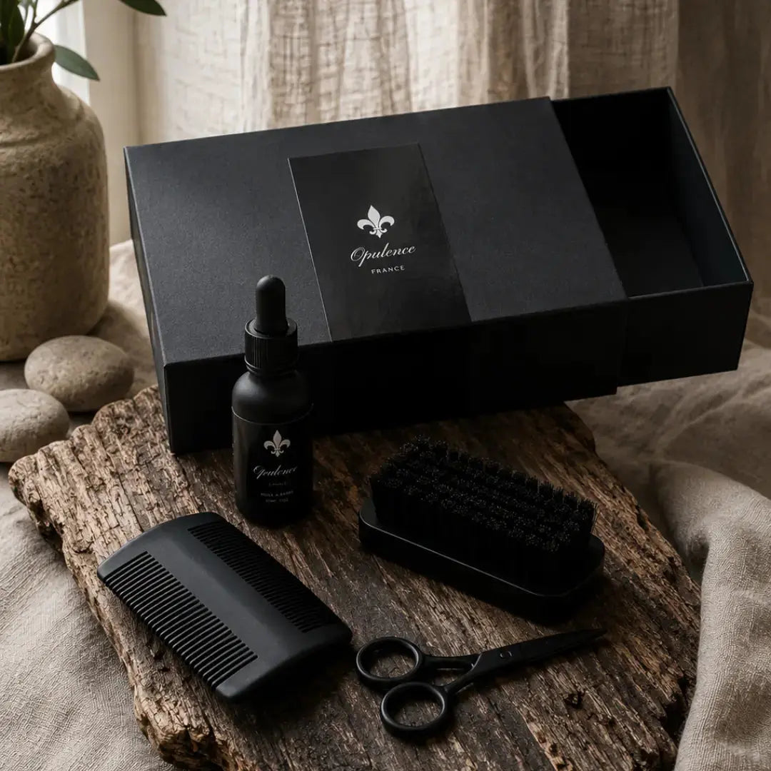 Coffret cadeau homme, huile à barbe Opulence 30ml, brosse à barbe, peigne à barbe et ciseaux pour la moustache.