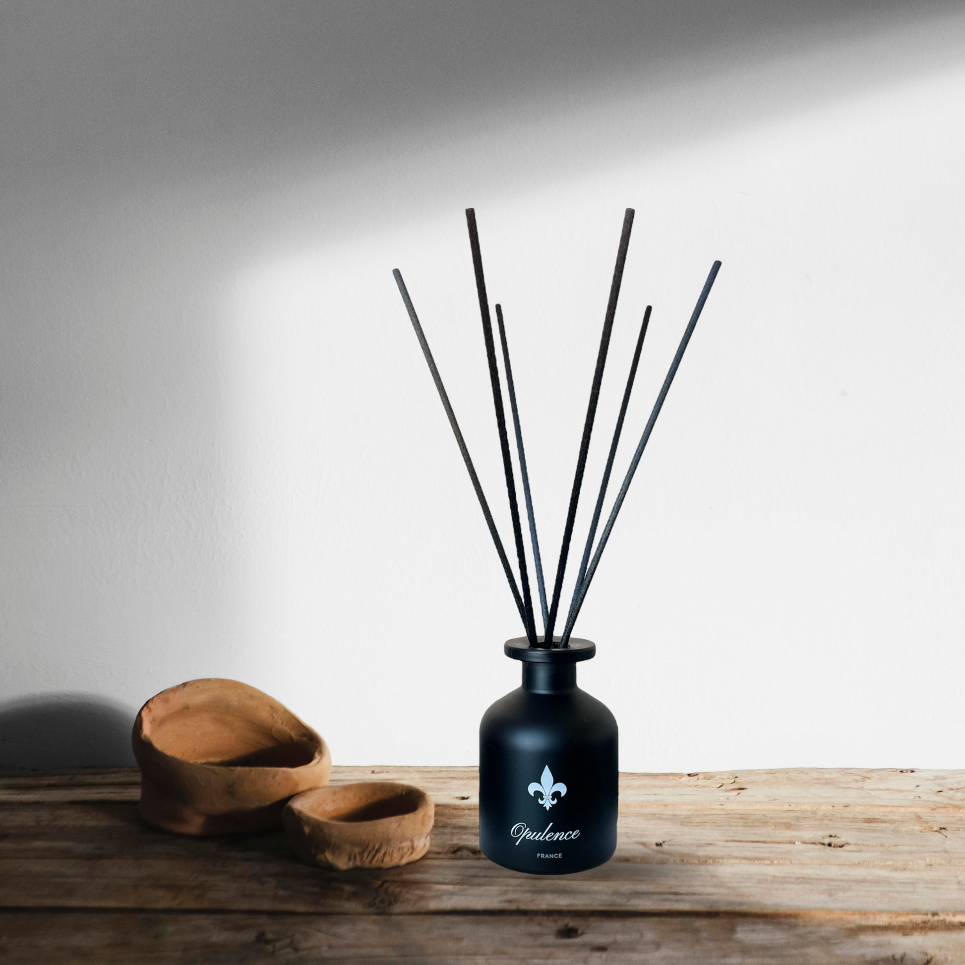 Image représentant le diffuseur sur une table en bois marron à côté de deux poteries. 