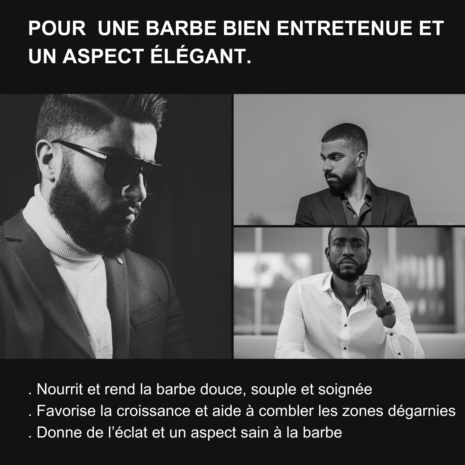 Image avec quelques bienfaits de l'huile à barbe Opulence. Illustration avec trois types de barbe élégantes.