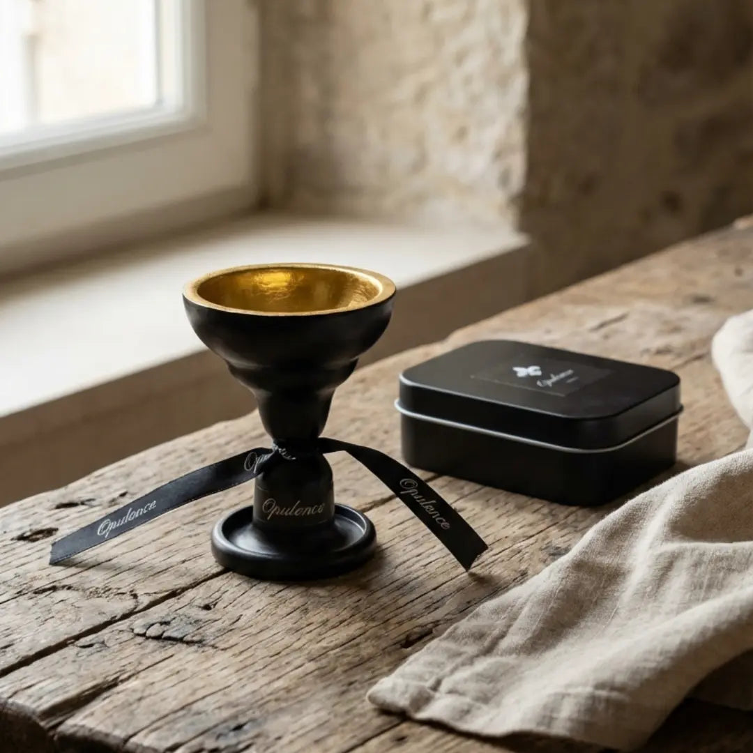 Brûleur et boîte de cônes encens Opulence posés sur une table en bois.