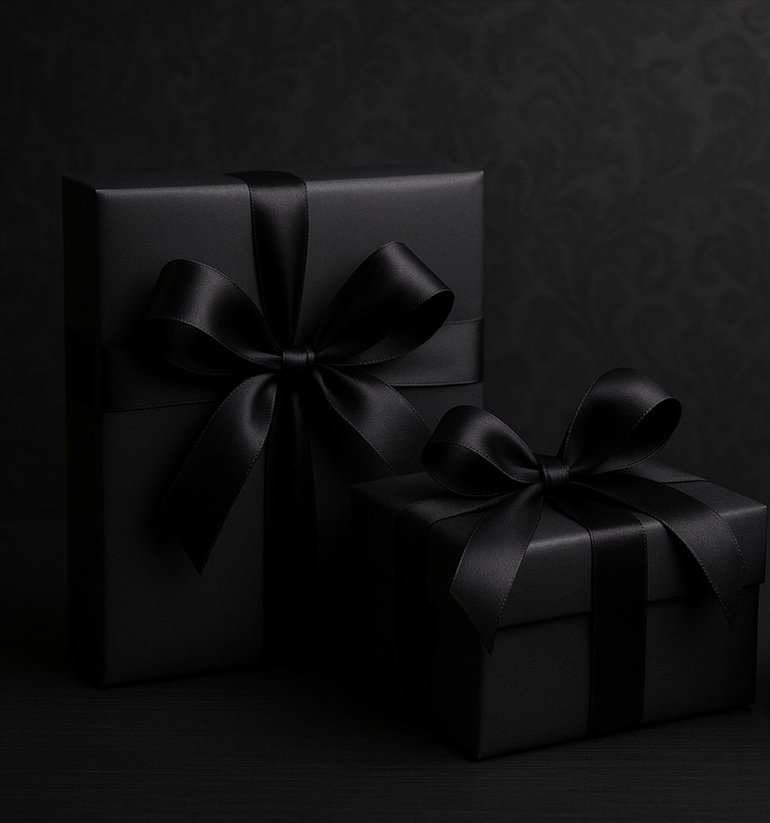 Coffrets cadeaux emballés posés sur une table.