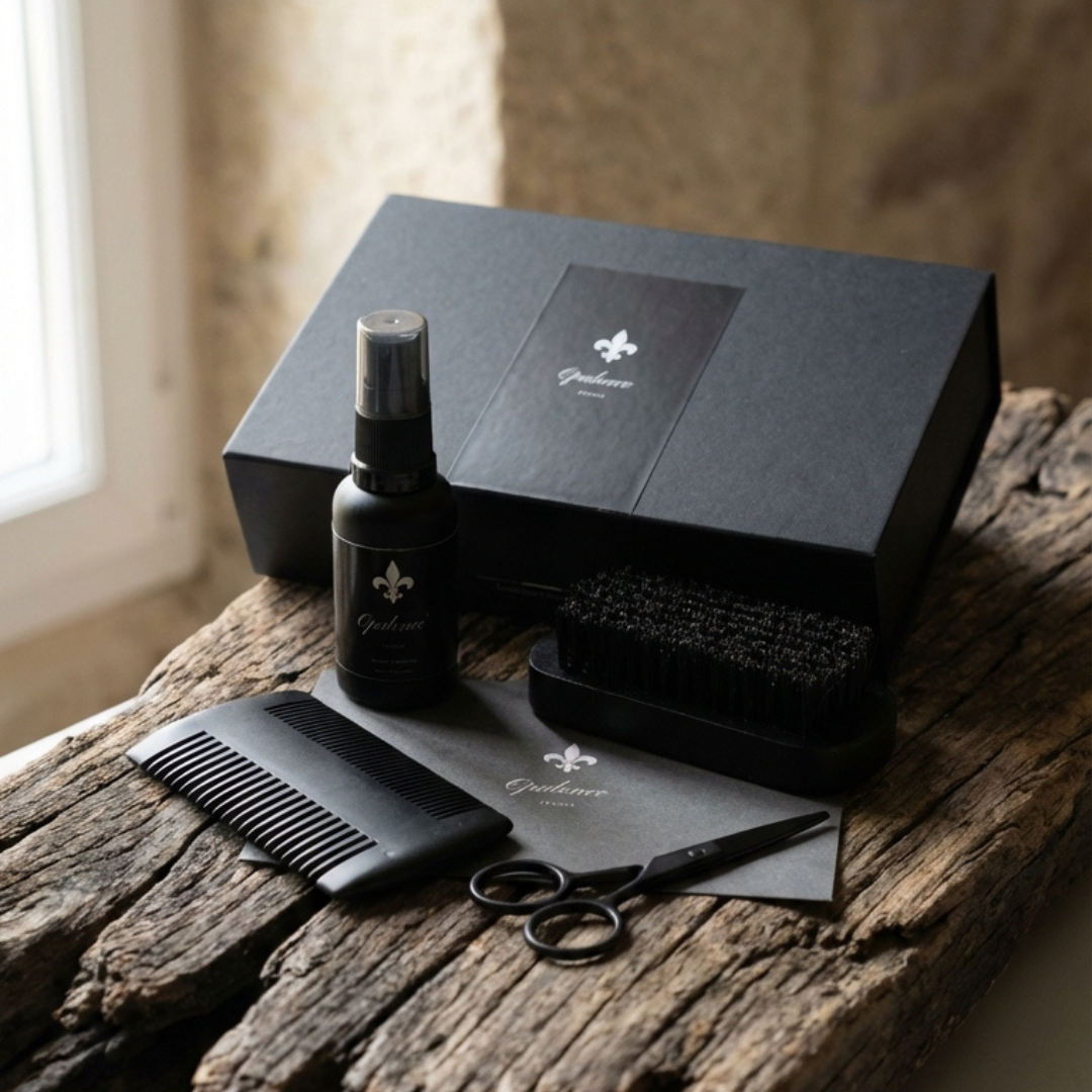 Coffret cadeau, huile à barbe Opulence 30ml, brosse à barbe, peigne à barbe et ciseaux pour la moustache.