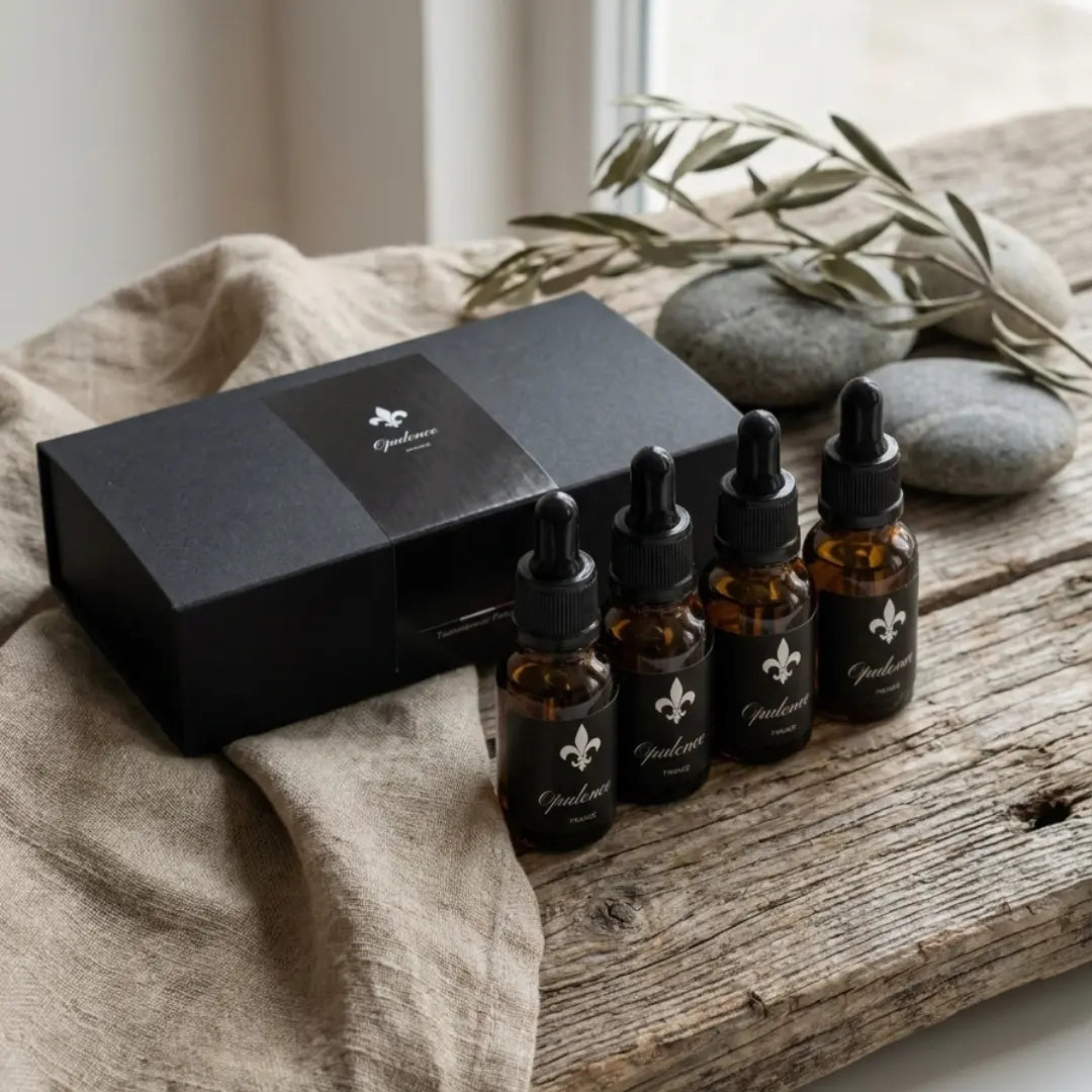 Coffret et 4 huiles à barbe artisanales 15ml Opulence posés sur une table en bois.