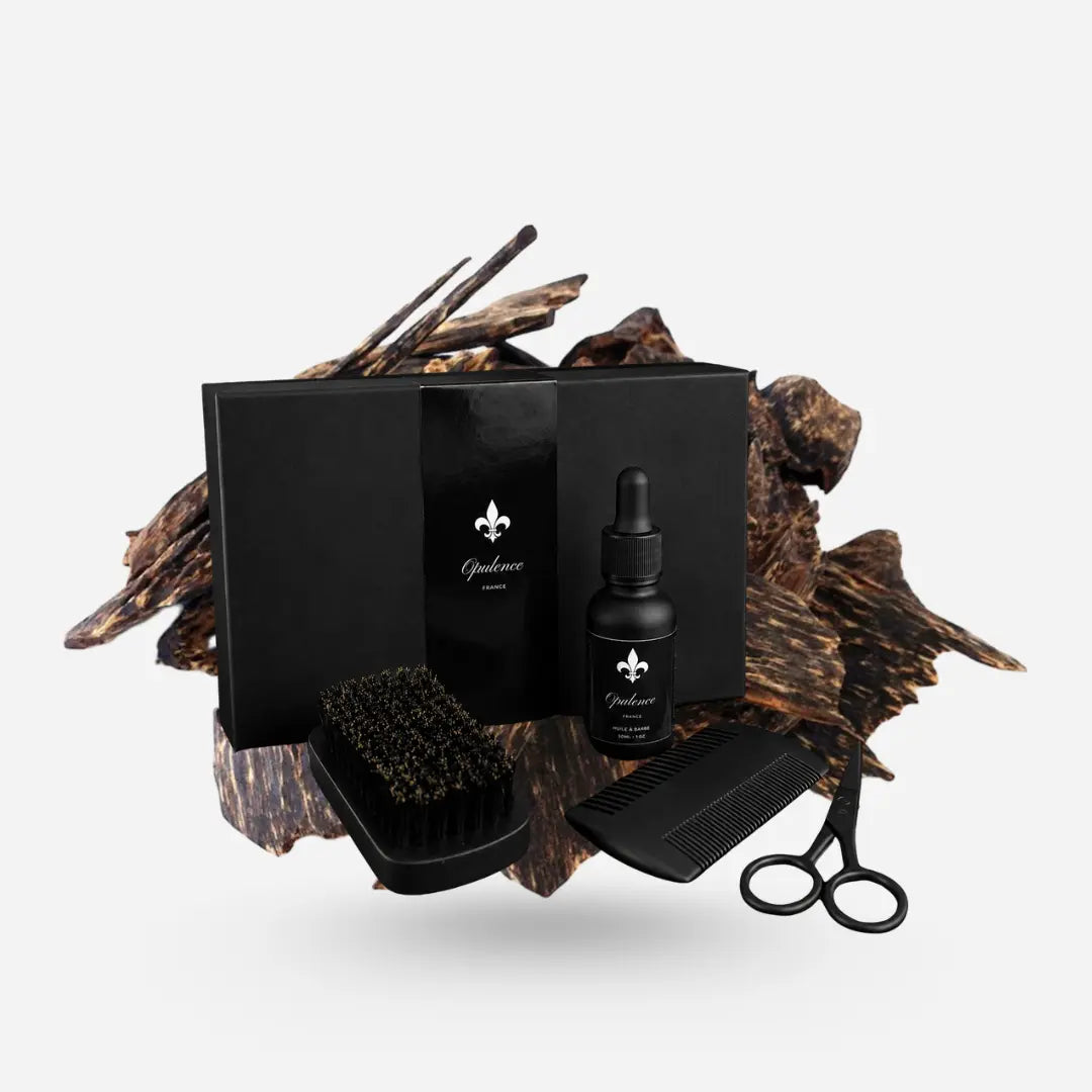 Coffret cadeau homme pour entretien de la barbe, huile à barbe parfum Oud 30ml.