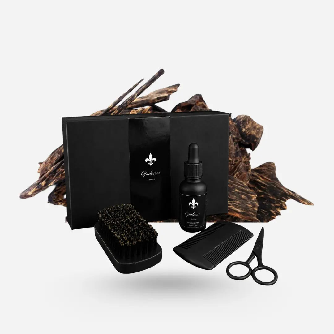 Coffret cadeau homme pour entretien de la barbe, huile à barbe parfum Oud 30ml.
