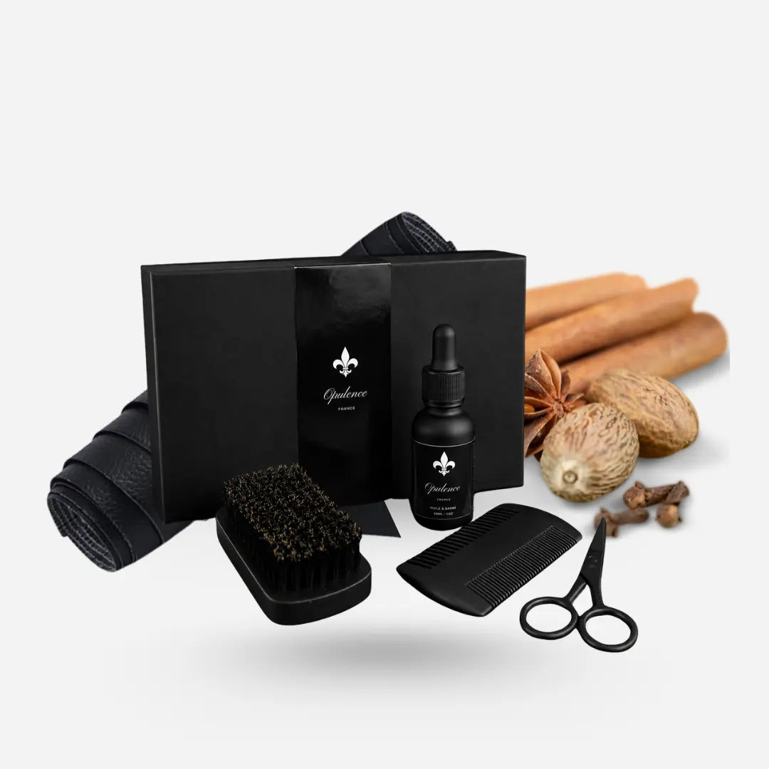 Coffret cadeau homme pour entretien de la barbe, huile à barbe parfum Cuir & Épices 30ml.