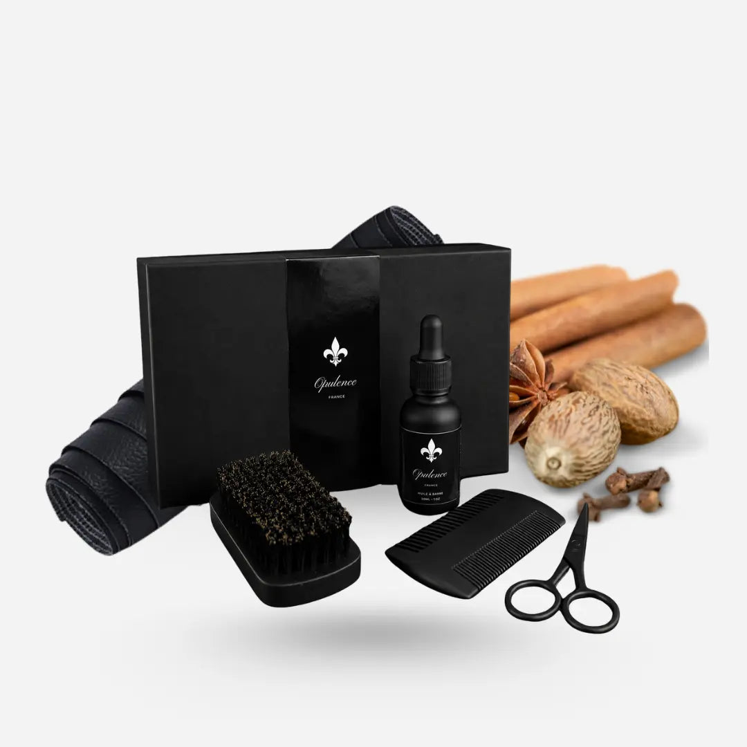 Coffret cadeau homme pour entretien de la barbe, huile à barbe parfum Cuir & Épices 30ml.