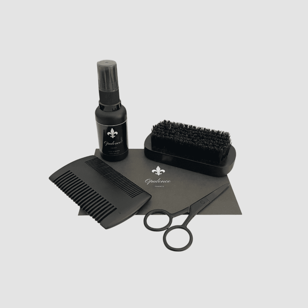 Huile barbe Opulence 30ml, brosse à barbe, peigne à barbe et ciseaux pour la moustache.
