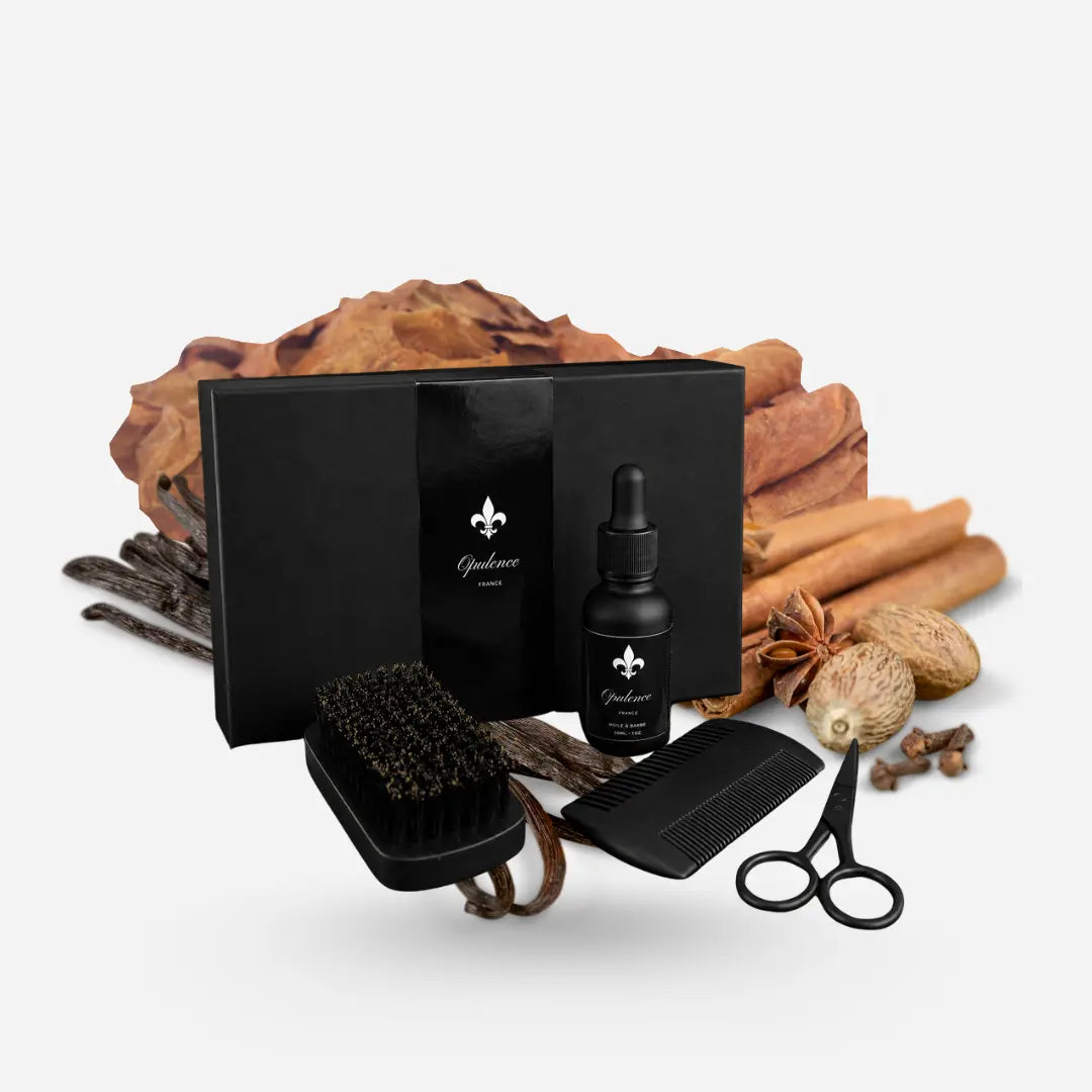 Coffret cadeau homme pour entretien de la barbe, huile à barbe parfum Tabac Vanille 30ml.