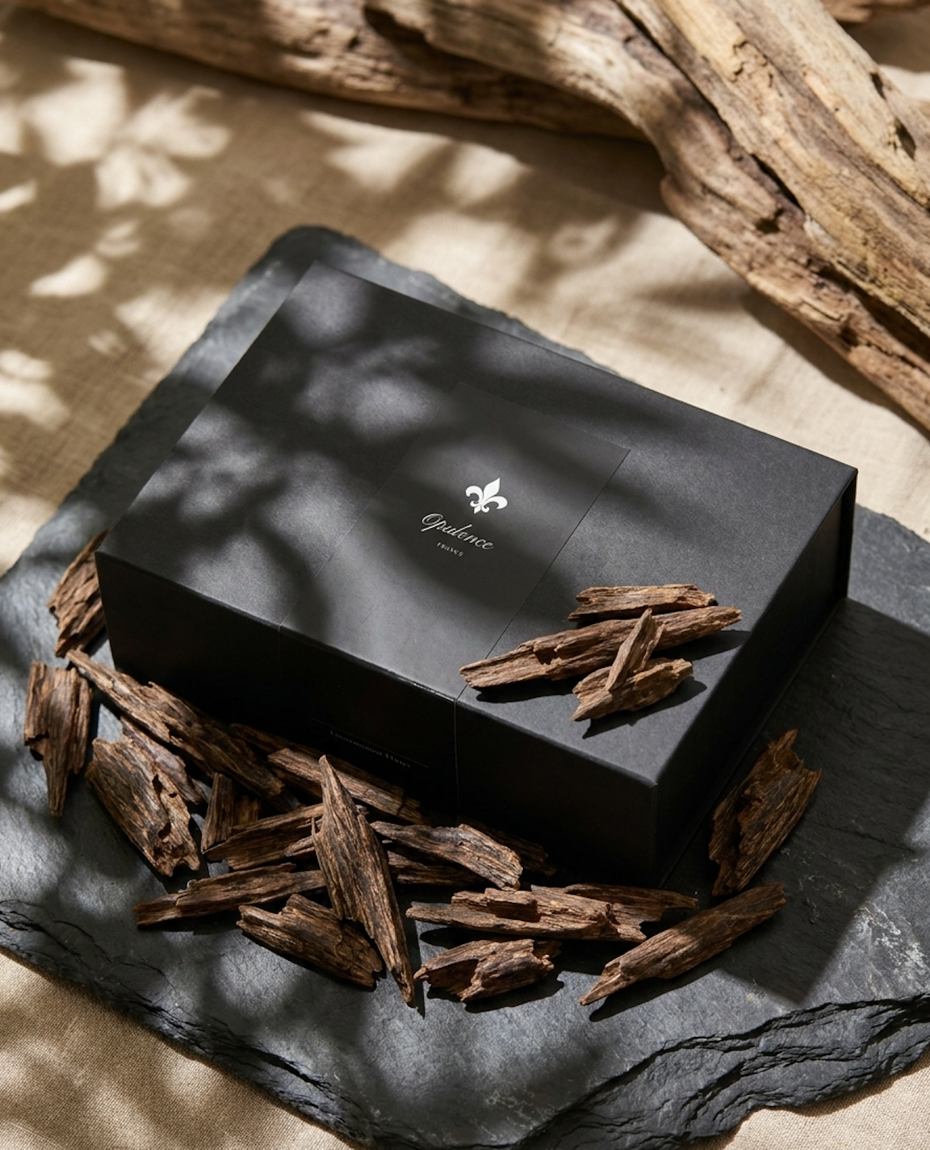 Coffret cadeau homme découverte Opulence posé sur une ardoise avec des copeaux de Oud.