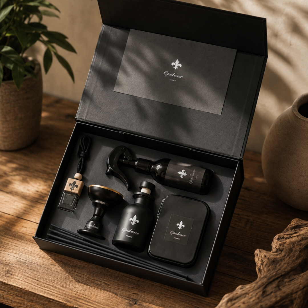 Coffret cadeau pour maison Opulence, un rituel parfumé de bien-être.