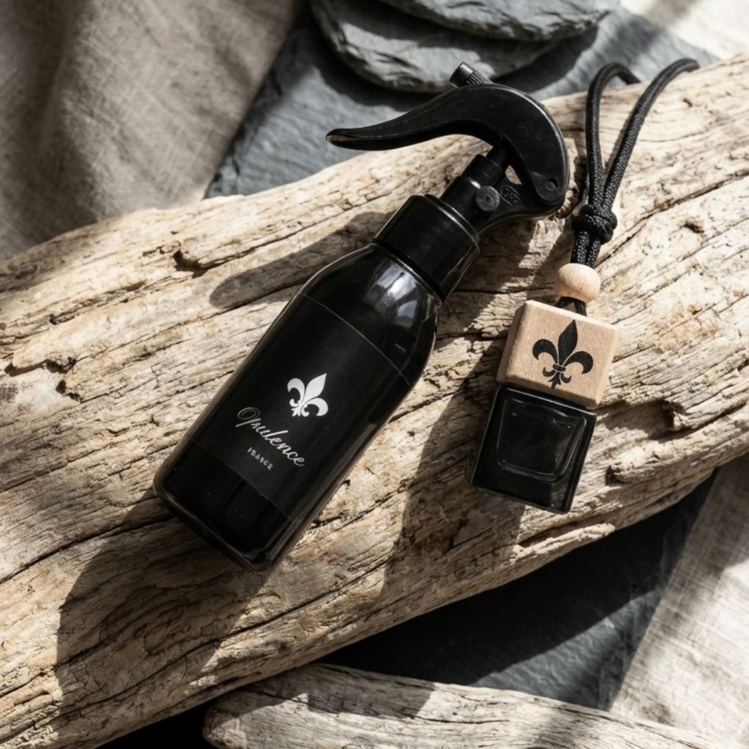 Parfum intérieur et diffuseur voiture Opulence artisanal sur une planche en bois.