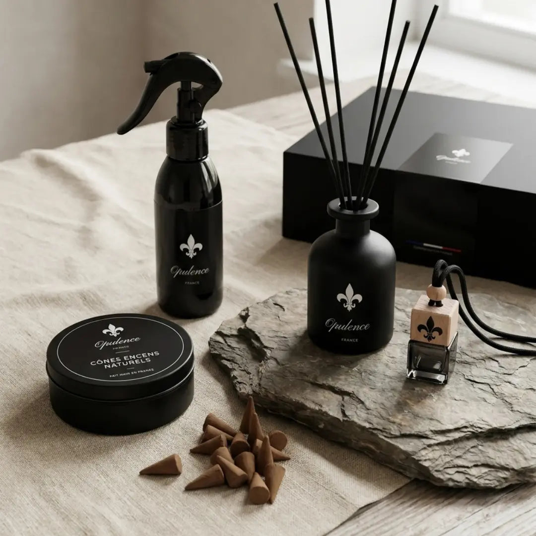 Coffret cadeau maison parfumé artisanal Opulence avec diffuseur voiture, diffuseur à bâtonnets, parfum d'intérieur et cônes d'encens.