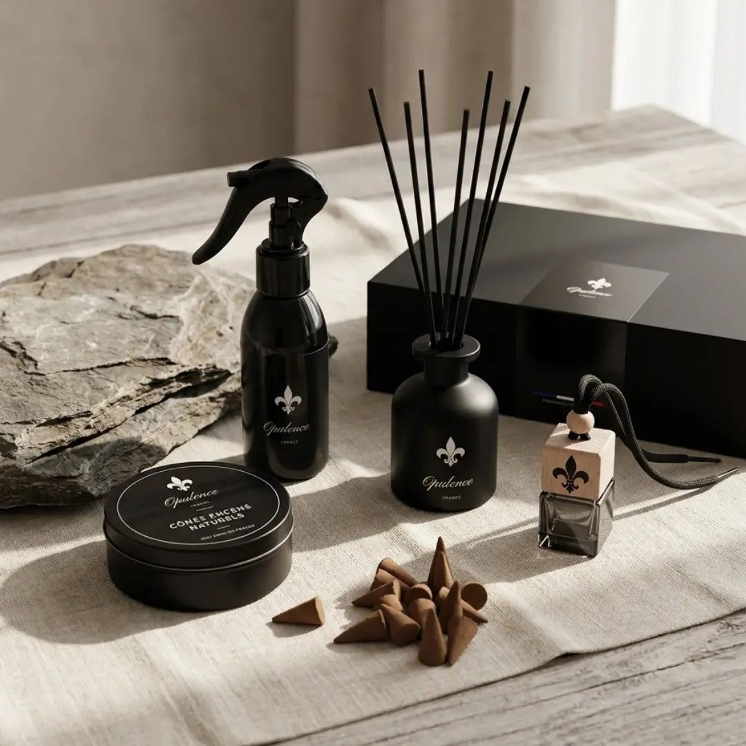 Coffret cadeau maison parfumé Opulence composé de diffuseurs, parfum d'intérieur et cônes d'encens naturels.