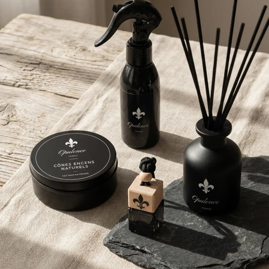 Coffret cadeau maison parfumé artisanal Opulence avec parfums d'intérieur et diffuseurs pour la maison et la voiture.