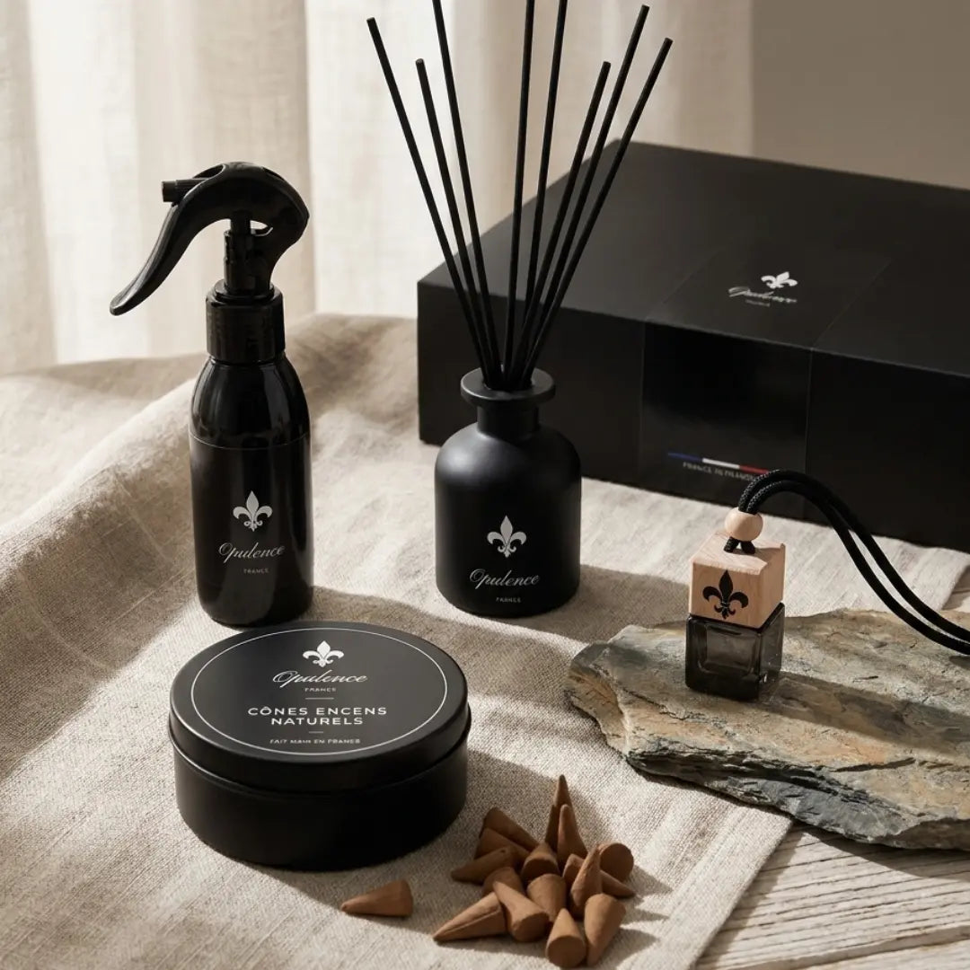 Coffret cadeau parfumé pour la maison Opulence avec diffuseur à bâtonnets, parfum d'intérieur, diffuseur voiture et encens naturels.