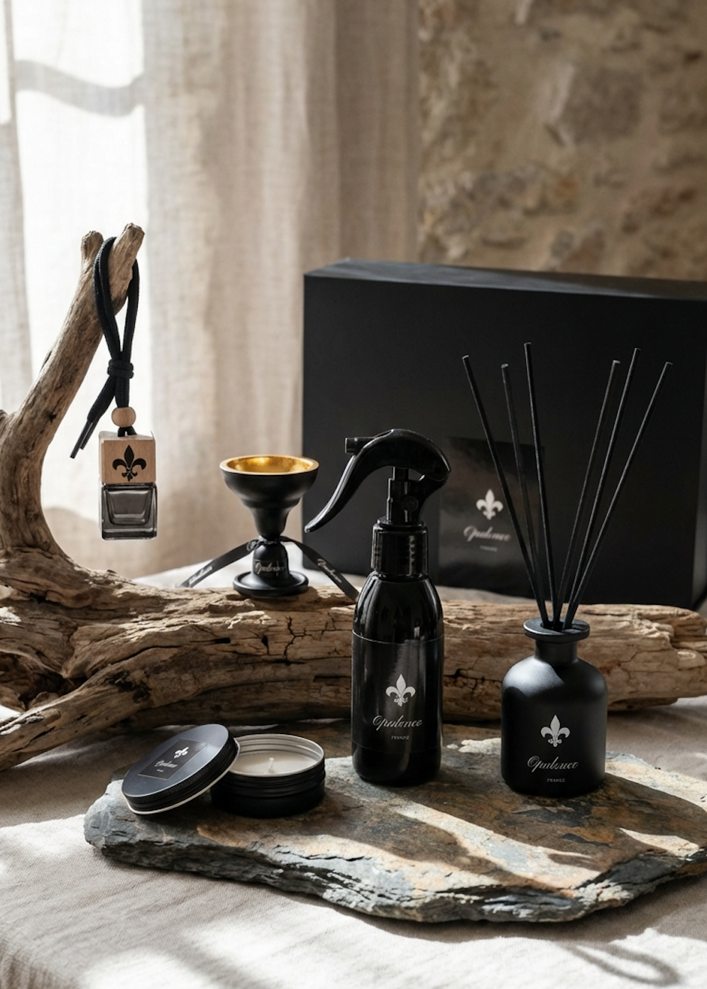 Coffret cadeau parfum maison luxe Opulence avec ses produits disposés sur une table en bois beige.