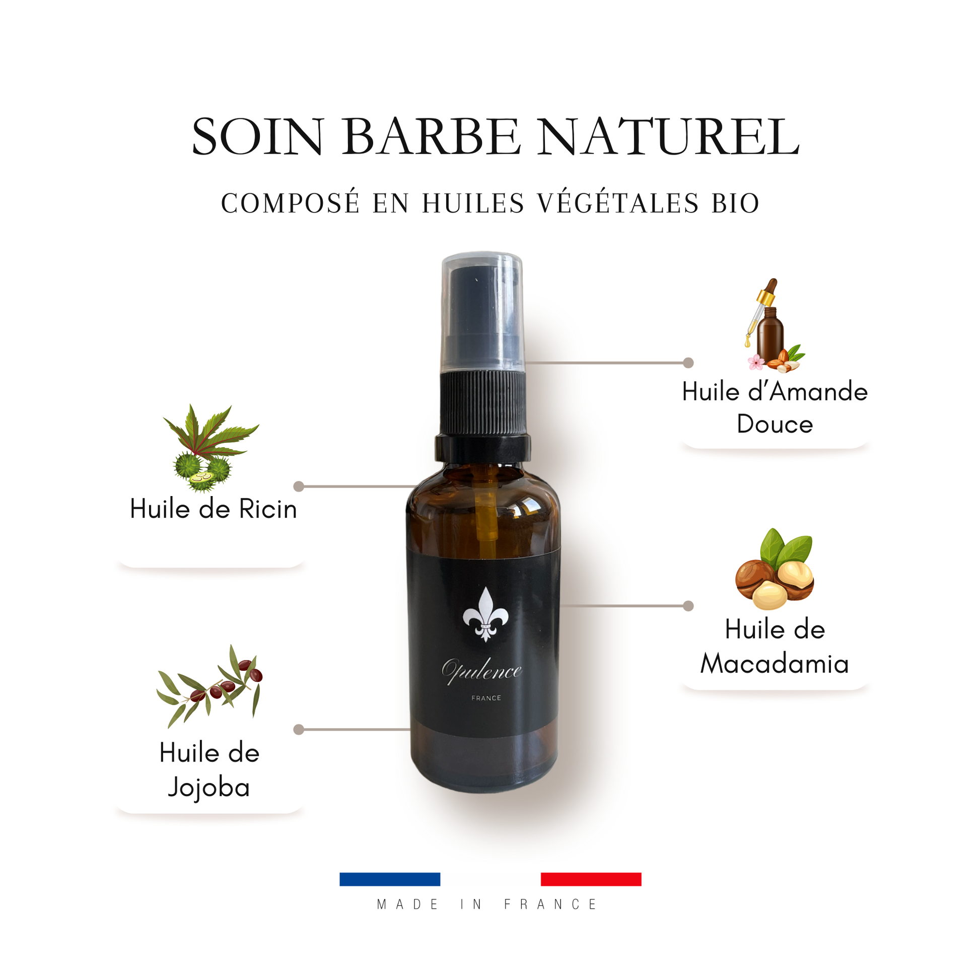 Image mettant en avant le soin barbe naturel Opulence. Composé en huiles végétales bio de Ricin, Jojoba, d'Amande Douce et de Macadamia. Soin fabriqué en France.