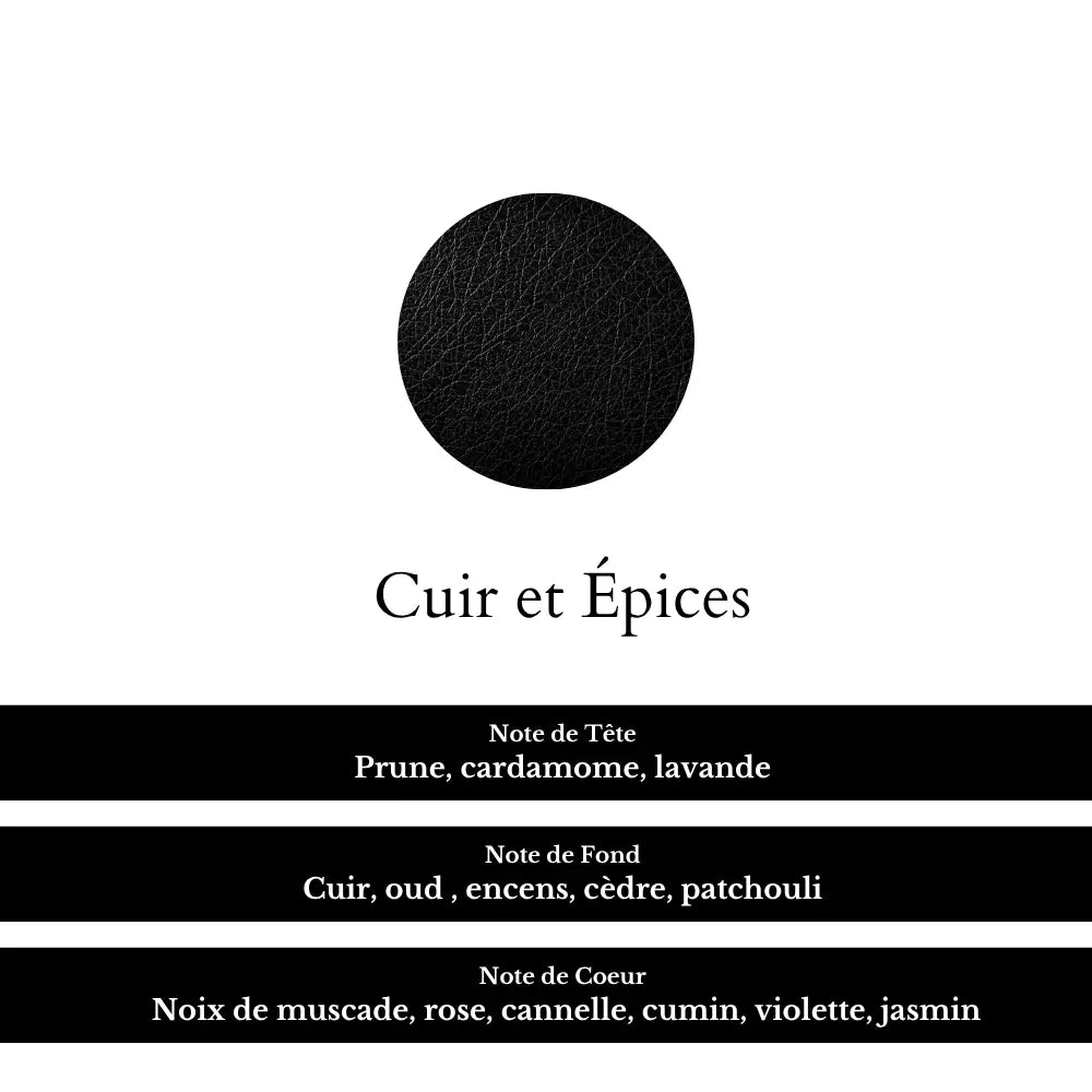 Composition olfactive avec notes de tête, fond et de coeur du parfum Cuir et Épices Opulence.