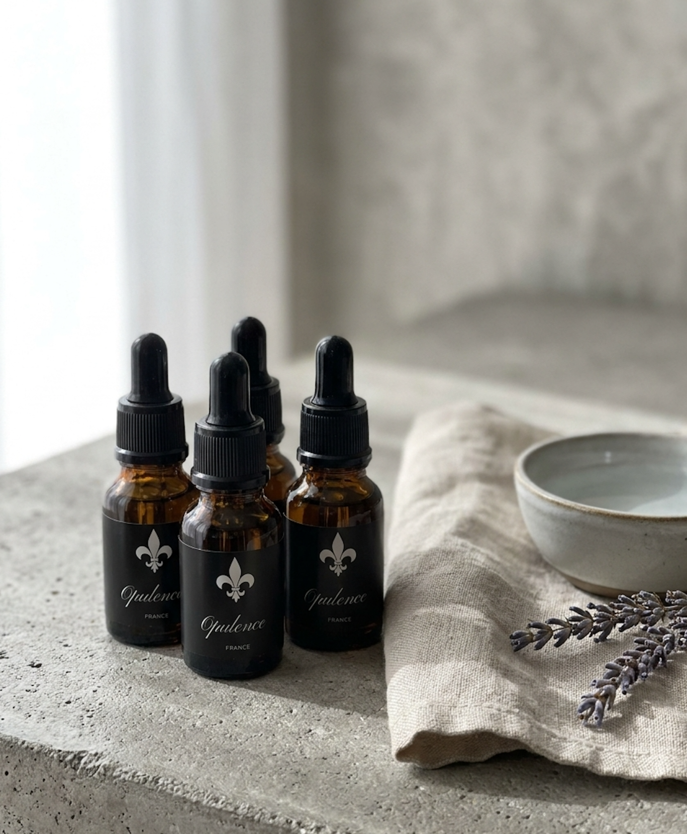 4 huiles à barbe artisanales de 15ml Opulence posées sur une table en béton gris.