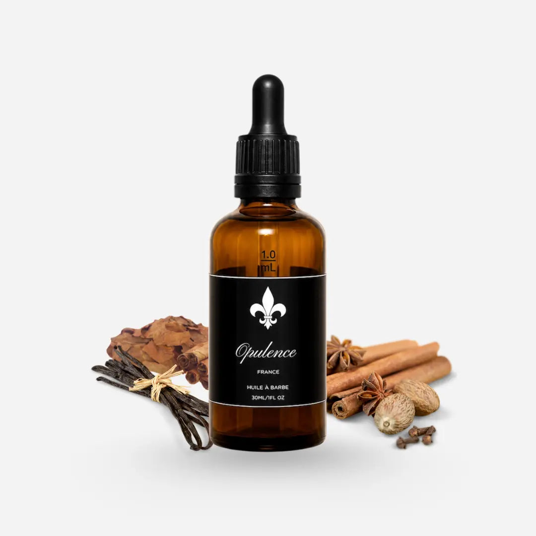 Huile à barbe premium et hydratante au parfum Tabac Vanille Épices Opulence 50ml.