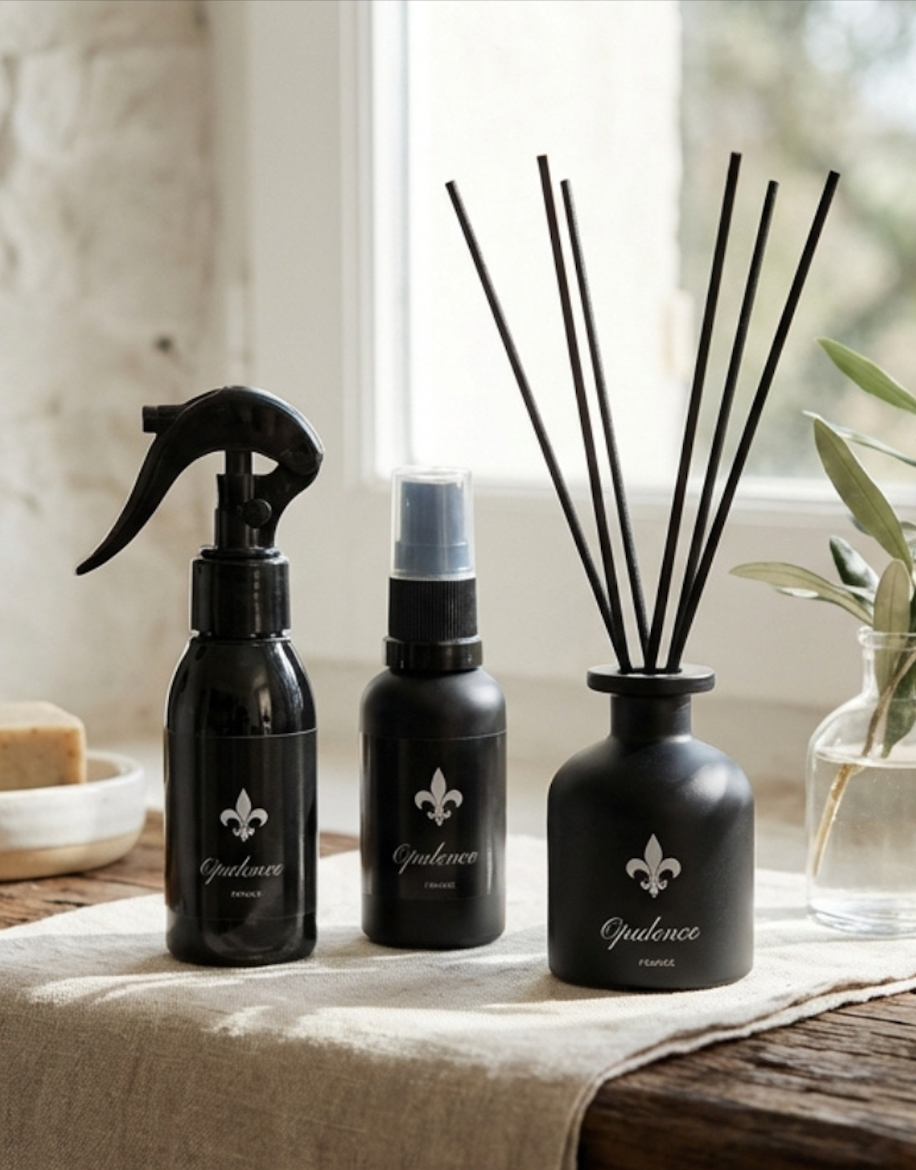 Ensemble de produits artisanaux Opulence posés sur une étagère en bois.