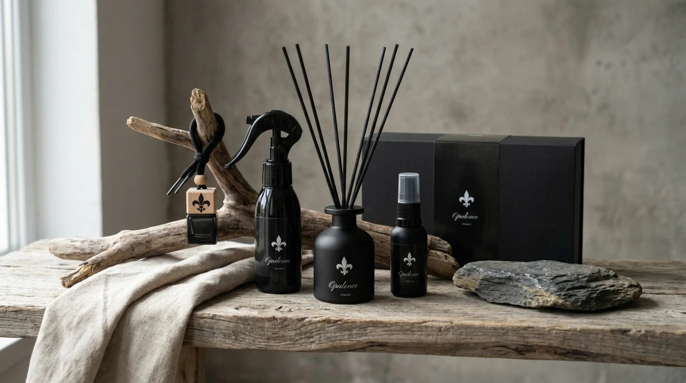 Collection Opulence France soins naturels et parfums. Huile à barbe, diffuseur à bâtonnets, diffuseur voiture, parfum d'intérieur et encens naturel.