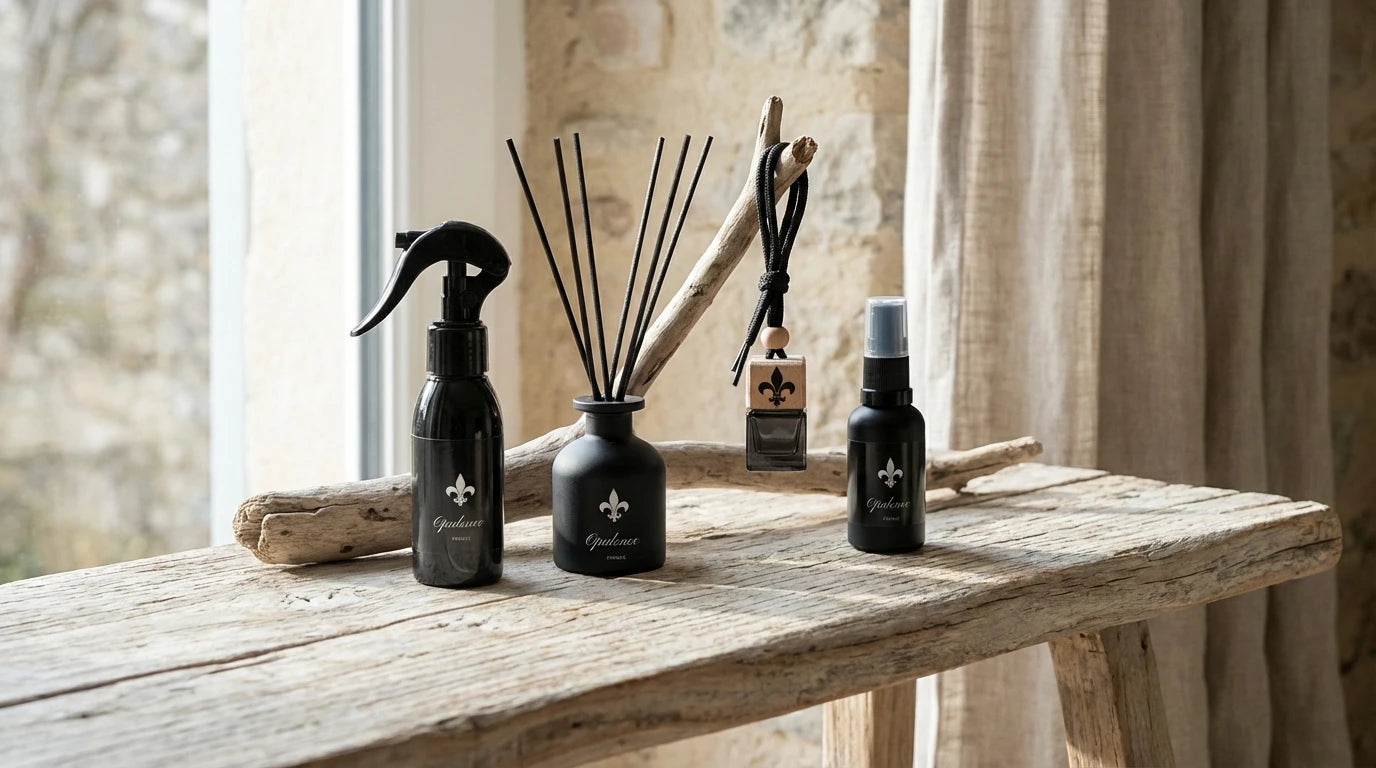 Opulence, huile à barbe, diffuseur voiture, diffuseur parfum maison et parfum d'intérieur.