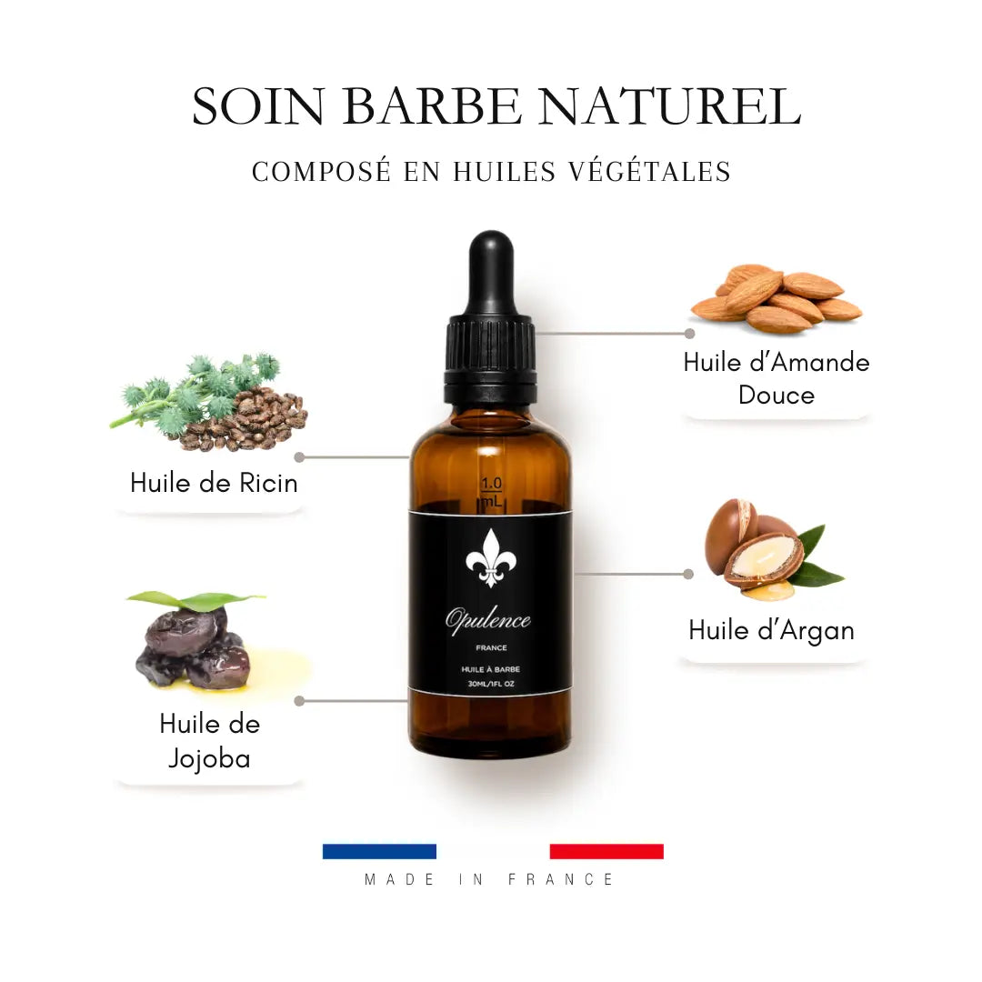 Composition en huiles végétales de l'huile à barbe Opulence 50ml.
