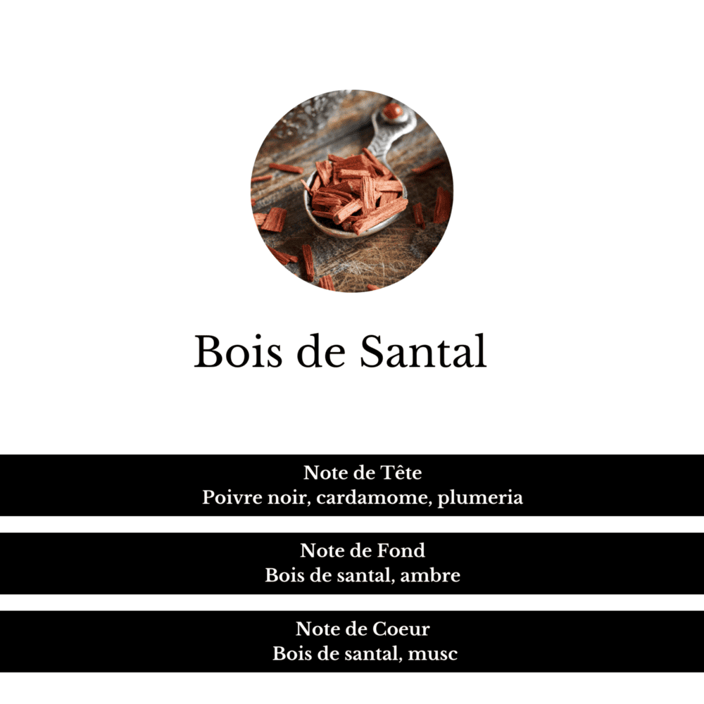 Notes de tête, fond et de coeur du parfum Bois de Santal.