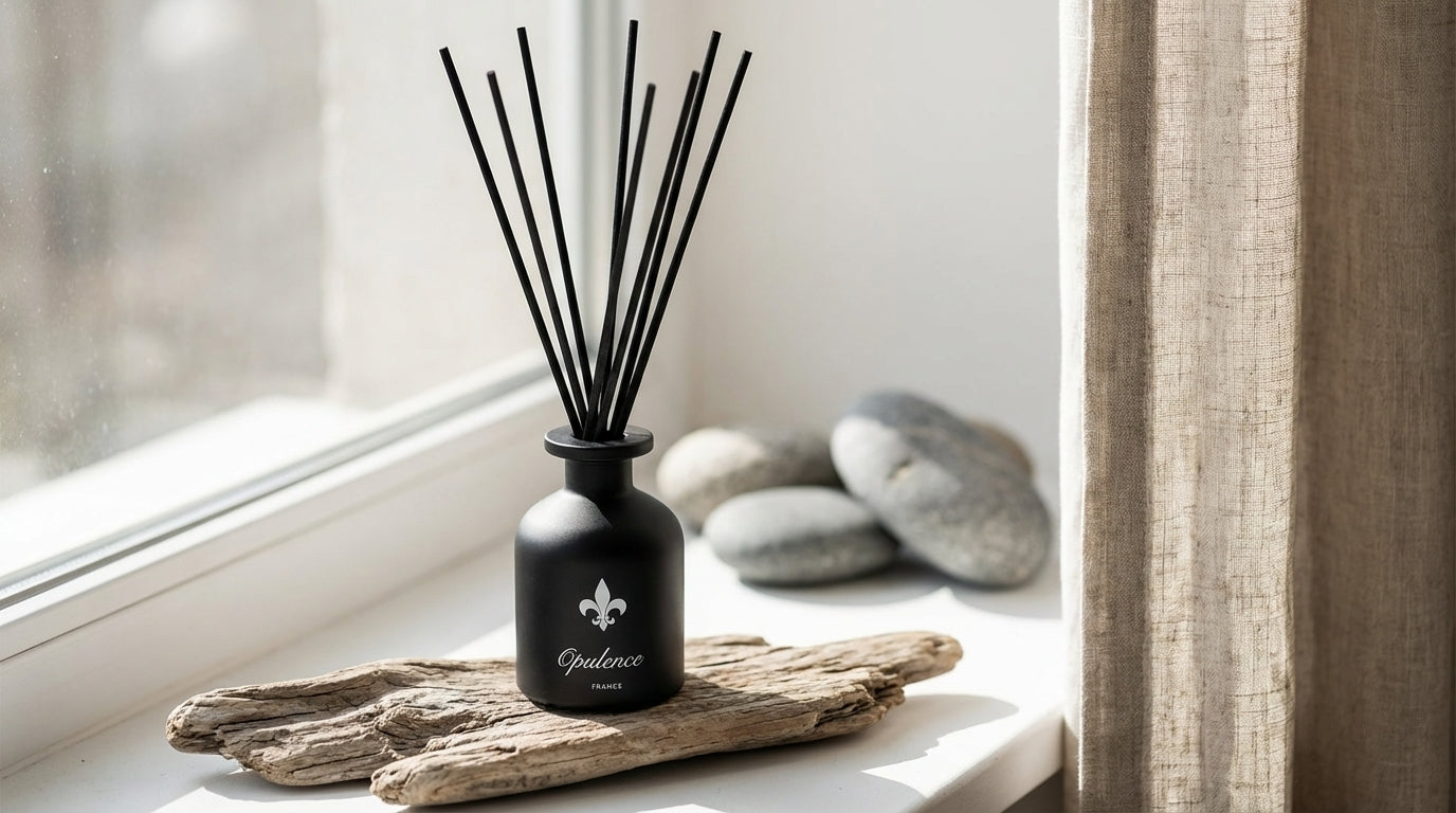 Diffuseur de parfum à bâtonnets Opulence noir posé sur le rebord de la fenêtre. 