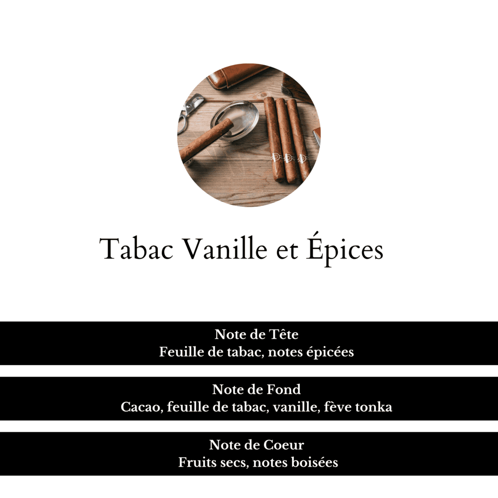 Notes de tête, fond et de coeur du parfum Tabac Vanille et Épices.