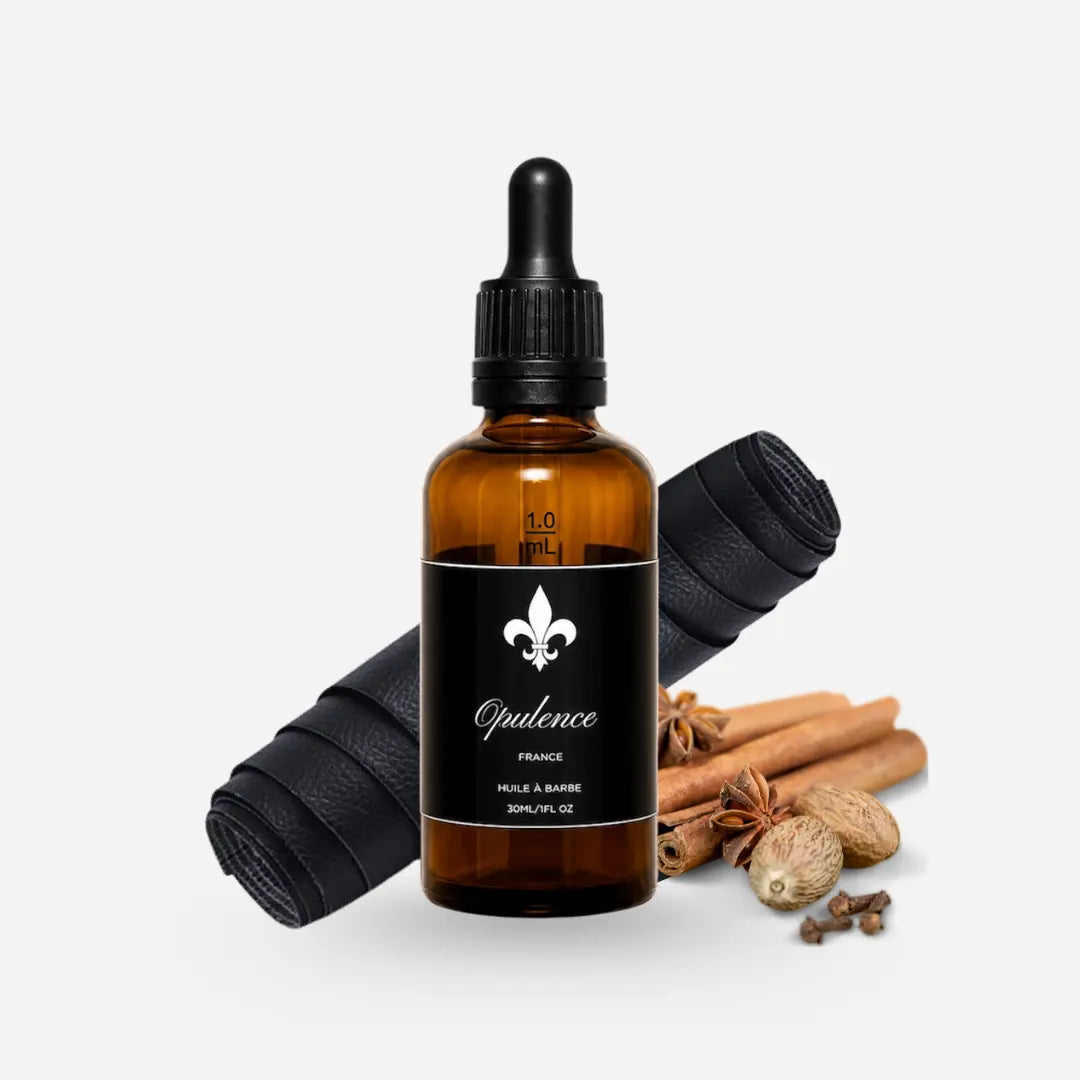 Huile à barbe de luxe naturelle et hydratante parfum Cuir et Épices Opulence 50ml.