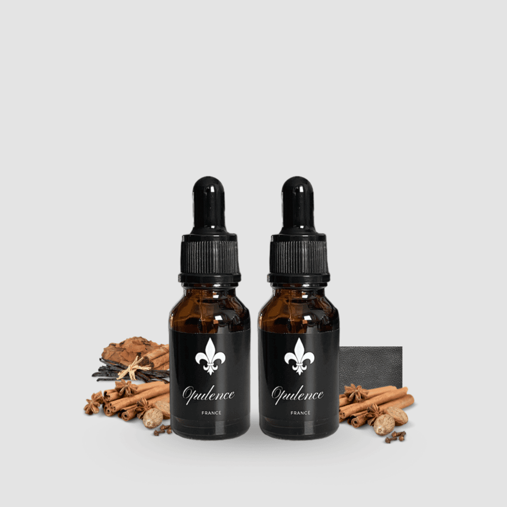 Lot de 2 huiles à barbe 15ml Opulence parfum tabac vanille et cuir épices.